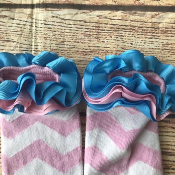 Chevron Baby Toddler Leg Warmers Pink Chevron Blue Ruffle - Picture 2 of 5